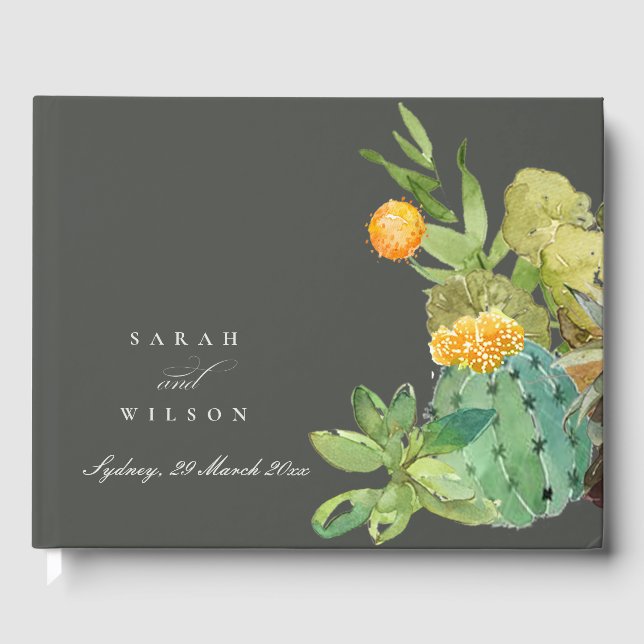 SUCCULENT CACTUS FLORAL GARDEN WATERCOLOR MONOGRAM GUEST BOOK (Front)