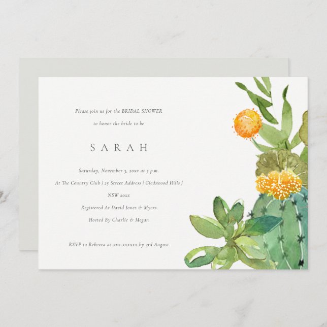 SUCCULENT CACTUS FLORAL WATERCOLOR BRIDAL SHOWER INVITATION (Front/Back)