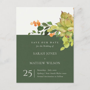 SUCCULENT CACTUS FLORAL WATERCOLOR SAVE THE DATE ANNOUNCEMENT POSTCARD