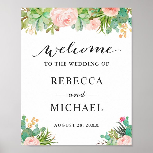 Succulent Cactus Floral Wedding Welcome Sign (Front)