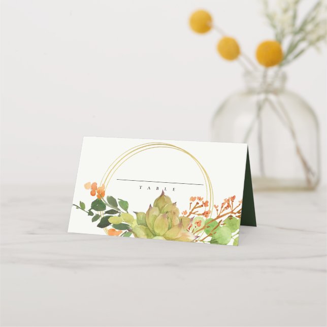 SUCCULENT CACTUS FLORAL WREATH WATERCOLOR  WEDDING PLACE CARD (Front)