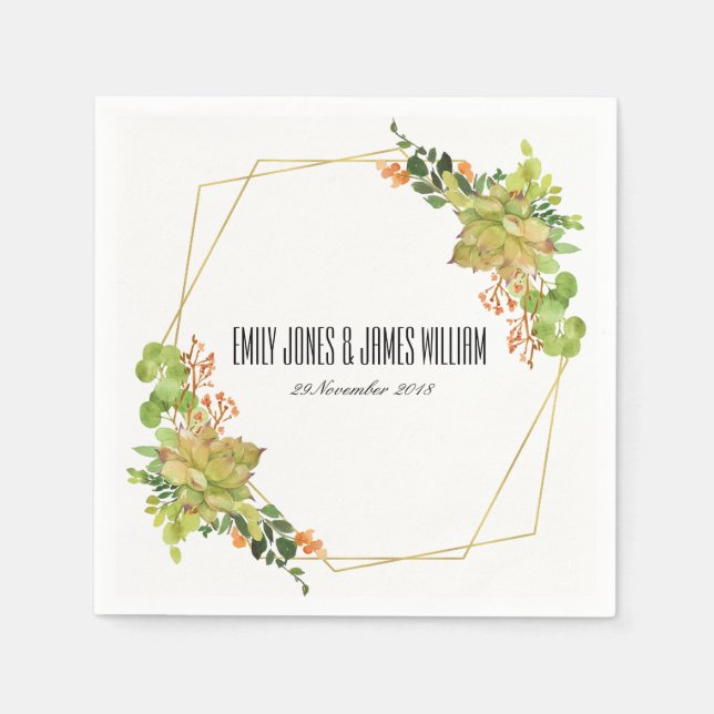 SUCCULENT CACTUS ORANGE FLORAL WATERCOLOR WEDDING NAPKIN (Front)