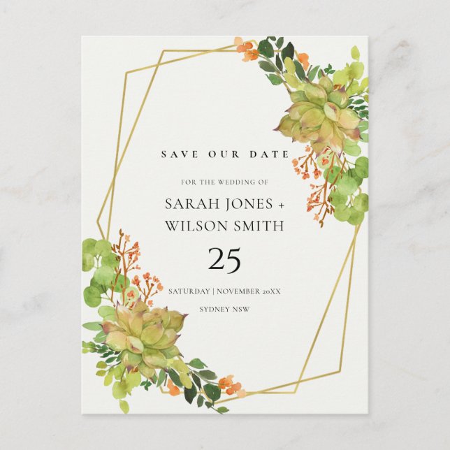 SUCCULENT CACTUS ORANGE WATER SAVE THE DATE ANNOUNCEMENT POSTCARD (Front)