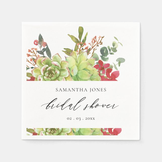 SUCCULENT CACTUS ORANGE WATERCOLOR BRIDAL SHOWER NAPKIN (Front)