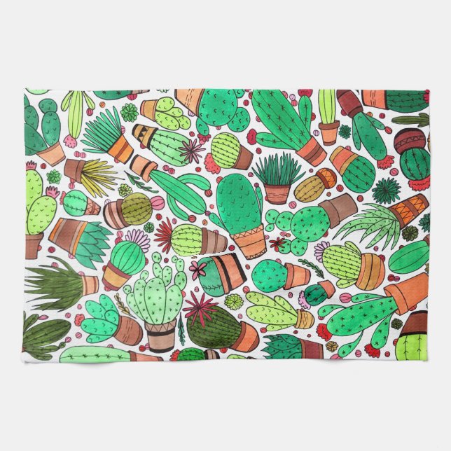 Succulent Cactus Potted Plants Green Cacti Garden Tea Towel (Horizontal)