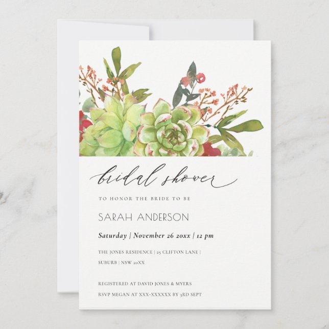 Succulent Cactus Red Floral Bridal Shower Invite (Front)
