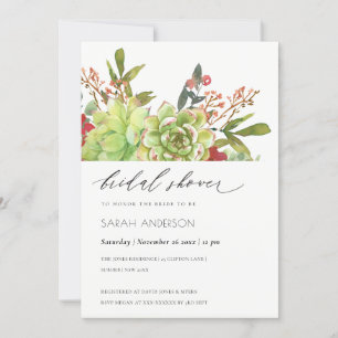 Succulent Cactus Red Floral Bridal Shower Invite