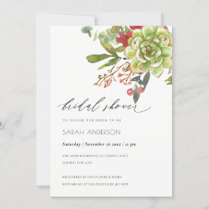 Succulent Cactus Red Floral Bridal Shower Invite