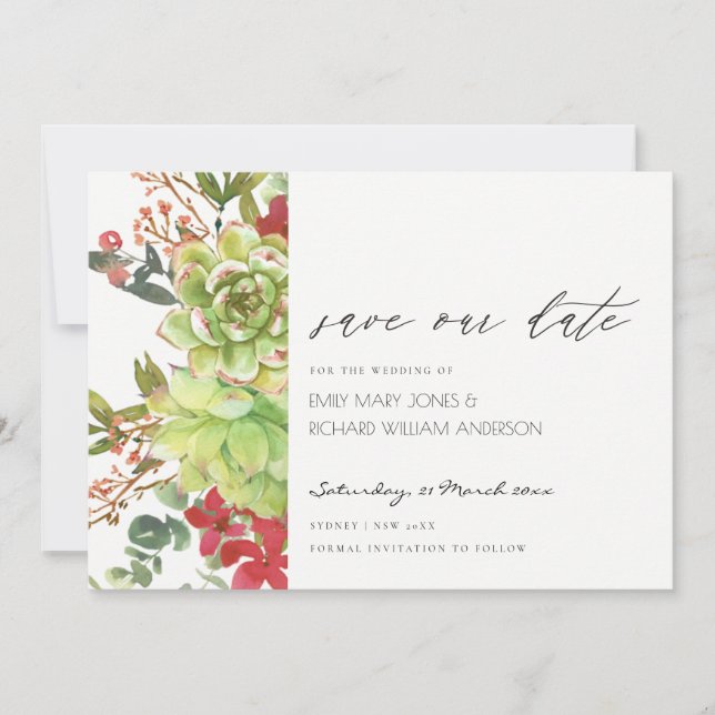 Succulent Cactus Red Floral Save the Date Invite (Front)