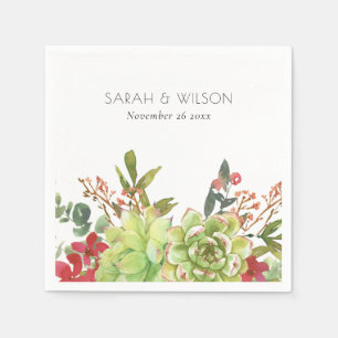 Succulent Cactus Red Floral Watercolor Wedding Napkin