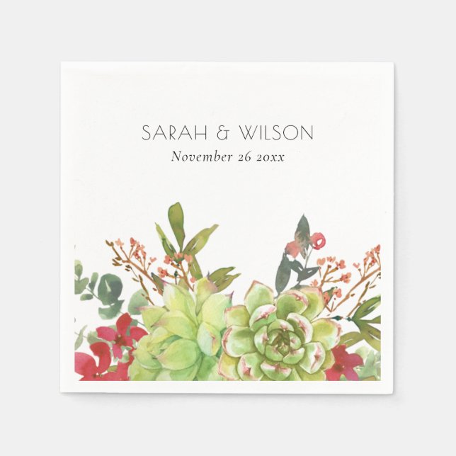 Succulent Cactus Red Floral Watercolor Wedding Napkin (Front)