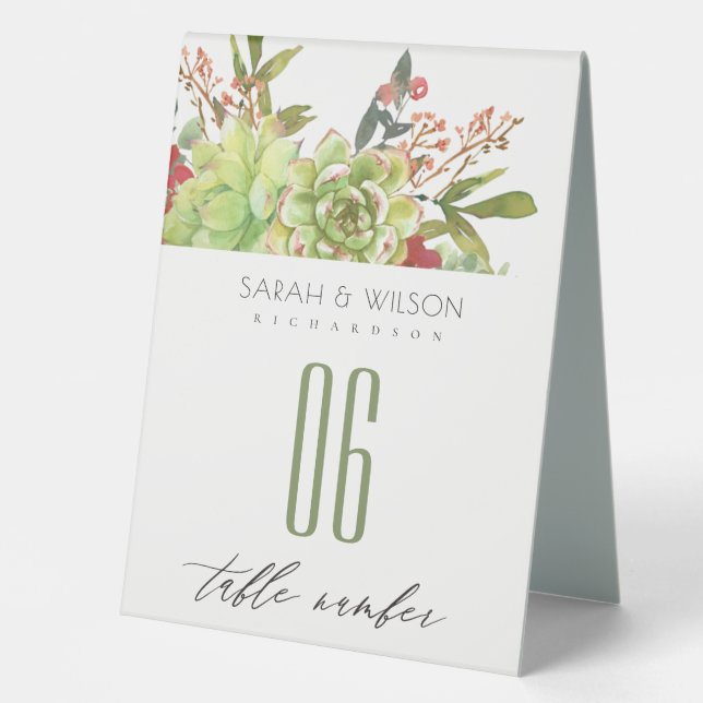 Succulent Cactus Red Floral Wedding Table Number (Front)