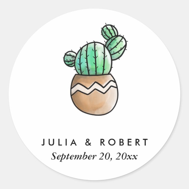 Succulent Cactus Rustic Minimal Wedding Classic Round Sticker (Front)