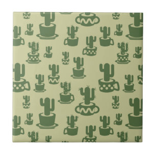 Succulent cactus silhouette in cups and pots ceramic tile