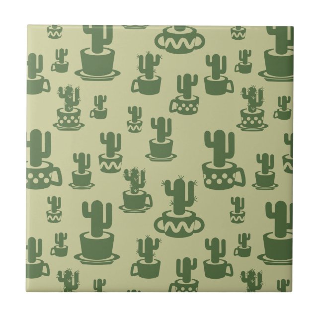Succulent cactus silhouette in cups and pots  ceramic tile (Front)