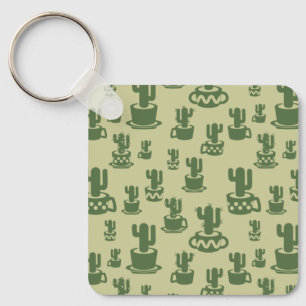 Succulent cactus silhouette in cups and pots  key ring