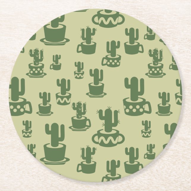 Succulent cactus silhouette in cups and pots round paper coaster (Front)