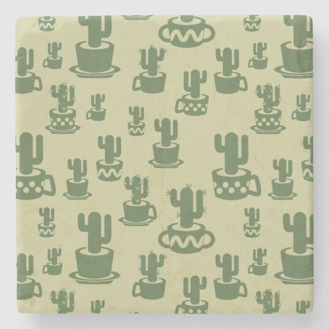 Succulent cactus silhouette in cups and pots stone coaster (Front)