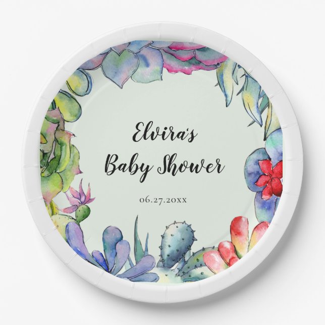 Succulent cactus watercolor Baby shower Paper Plate (Front)