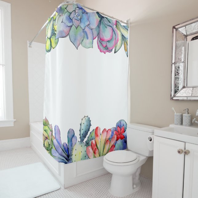 Succulent cactus watercolor shower curtain (In Situ)