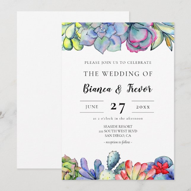 Succulent cactus watercolor wedding invitation (Front/Back)