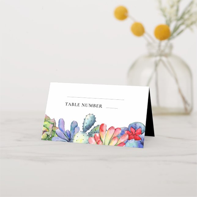 Succulent cactus watercolor wedding place card (Front)