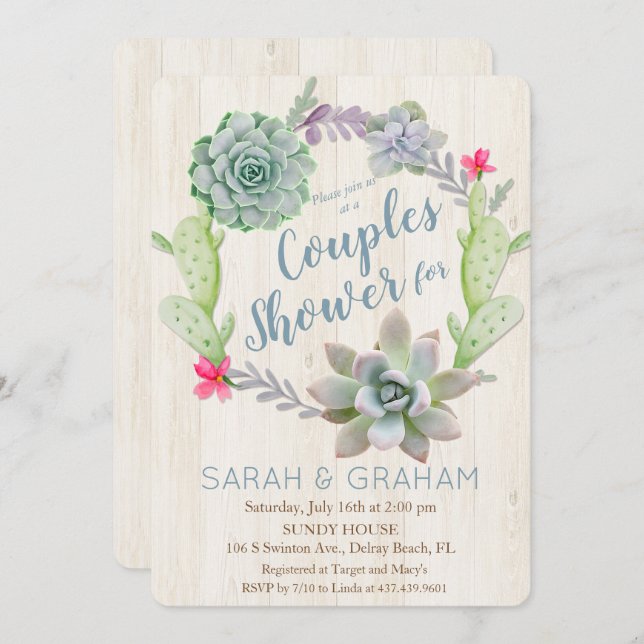 Succulent Cactus Wreath Couples Shower Invitation (Front/Back)
