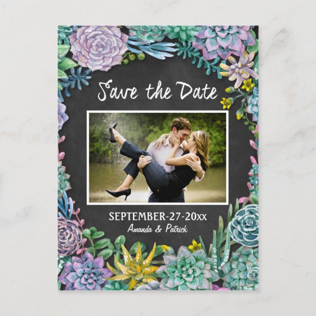 Succulent Chalkboard Wedding Save The Date Cards (Front)