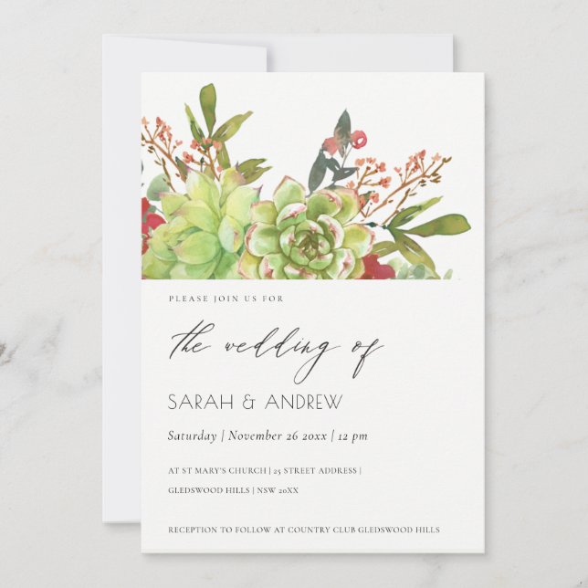 Succulent Desert Cactus Red Floral Wedding Invite (Front)