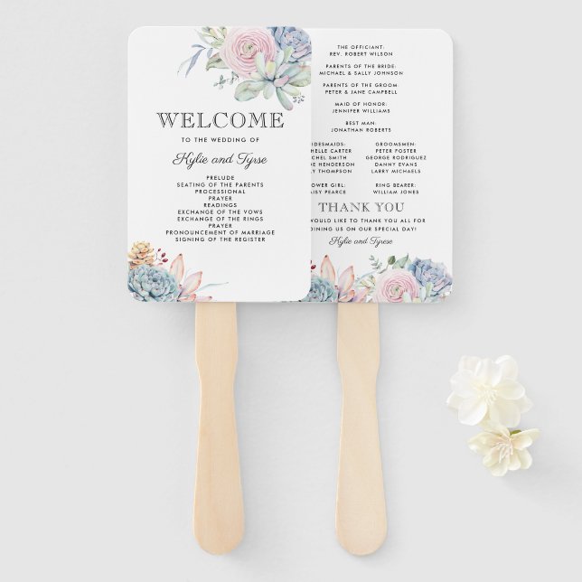 Succulent Floral Bloom Vintage Wedding Program Hand Fan (Front and Back)