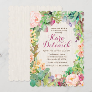 Succulent Floral Cactus Birthday Party Invitation