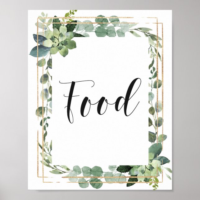 Succulent Floral Gold Geometric Frame Food Sign (Front)