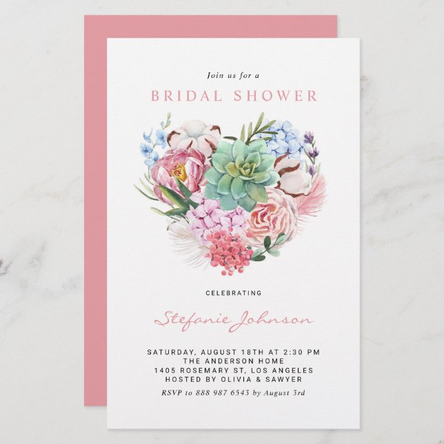 Succulent Floral Heart Bridal Shower Invitation (Front/Back)