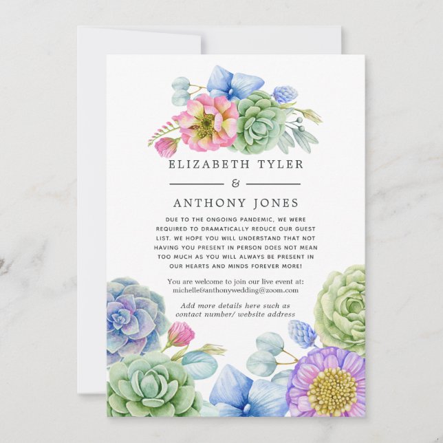 Succulent Floral Reduced Wedding Guest List Announcement (Front)