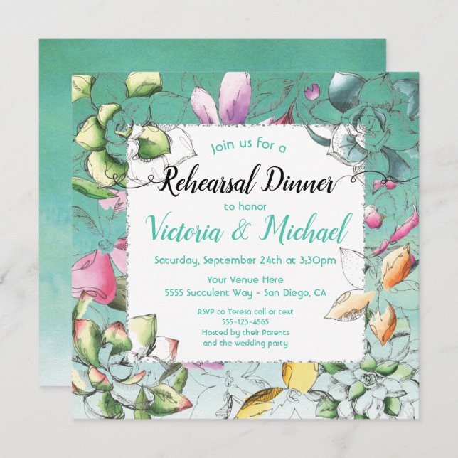 Succulent Floral Rehearsal Dinner Invitations (Front/Back)
