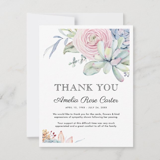 Succulent Floral Thank You Funeral Card (Front)
