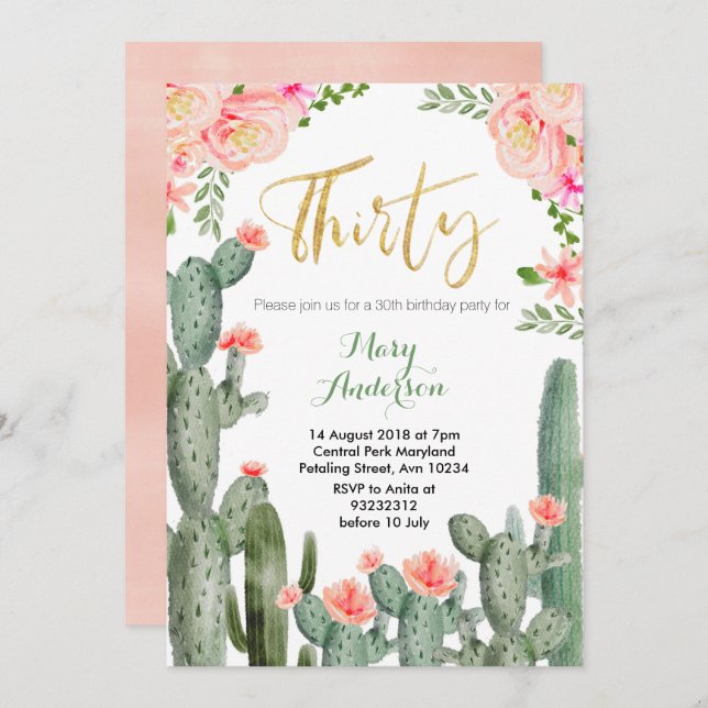 Succulent Floral Thirty 30th Birthday Invitation (Front/Back)