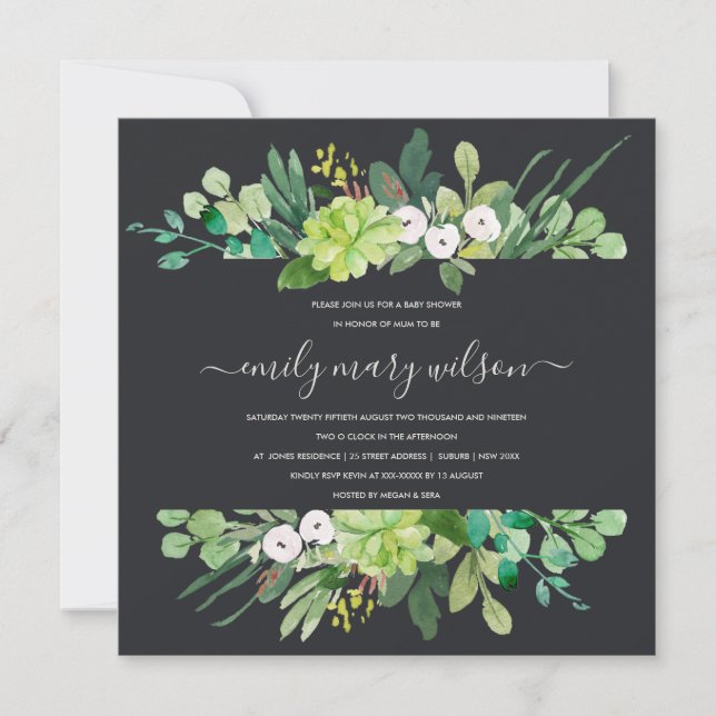 SUCCULENT FOLIAGE FRAME WATERCOLOR BABY SHOWER INVITATION (Front)
