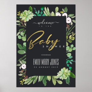 SUCCULENT FOLIAGE WATERCOLOR BABY SHOWER WELCOME POSTER