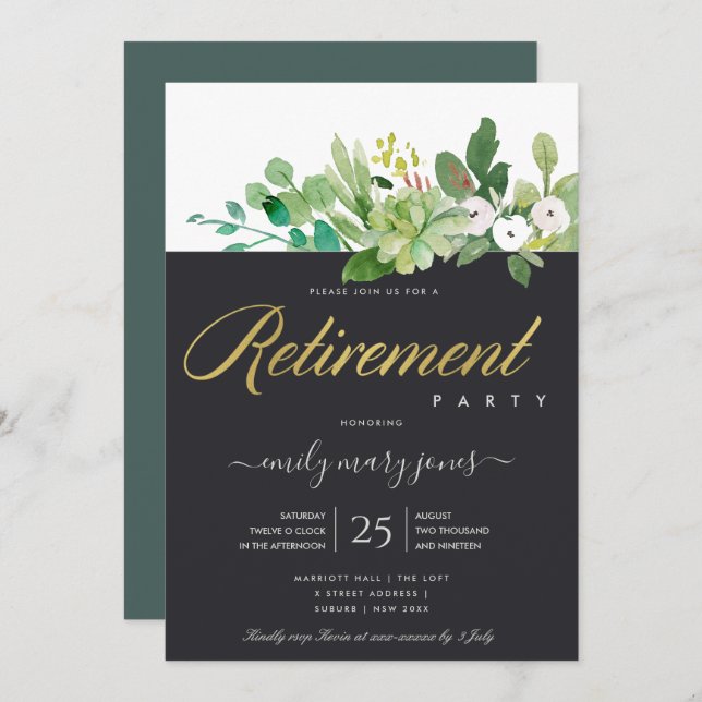SUCCULENT FOLIAGE WATERCOLOR WREATH RETIREMENT INVITATION (Front/Back)