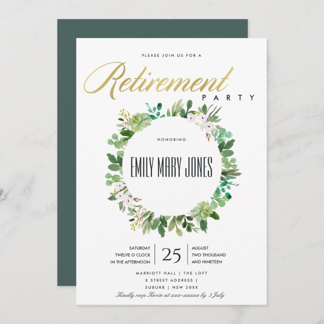 SUCCULENT FOLIAGE WATERCOLOR WREATH RETIREMENT INVITATION (Front/Back)
