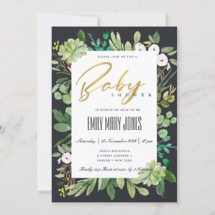 SUCCULENT FOLIAGE WREATH WATERCOLOR BABY SHOWER INVITATION