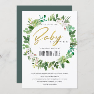 SUCCULENT FOLIAGE WREATH WATERCOLOR BABY SHOWER INVITATION
