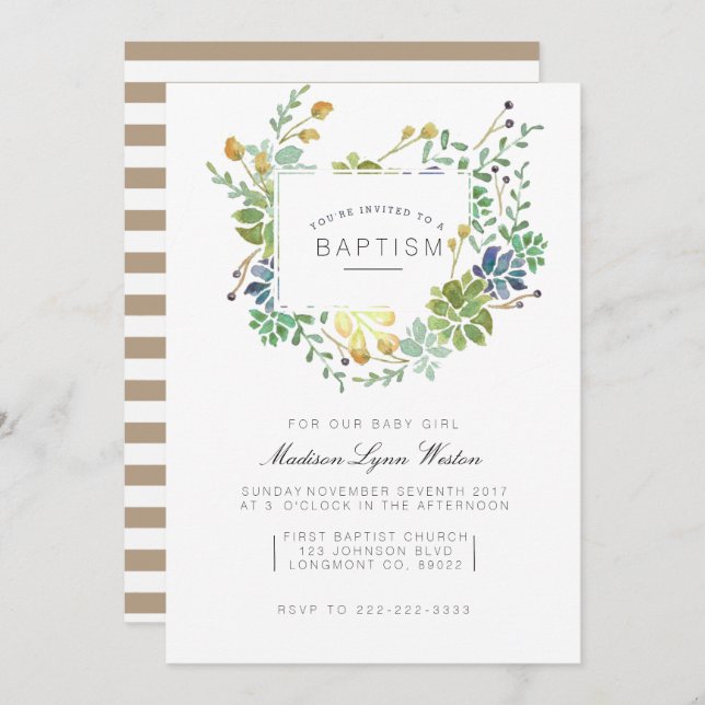 Succulent Garden | Floral Watercolor Baptism Invitation (Front/Back)