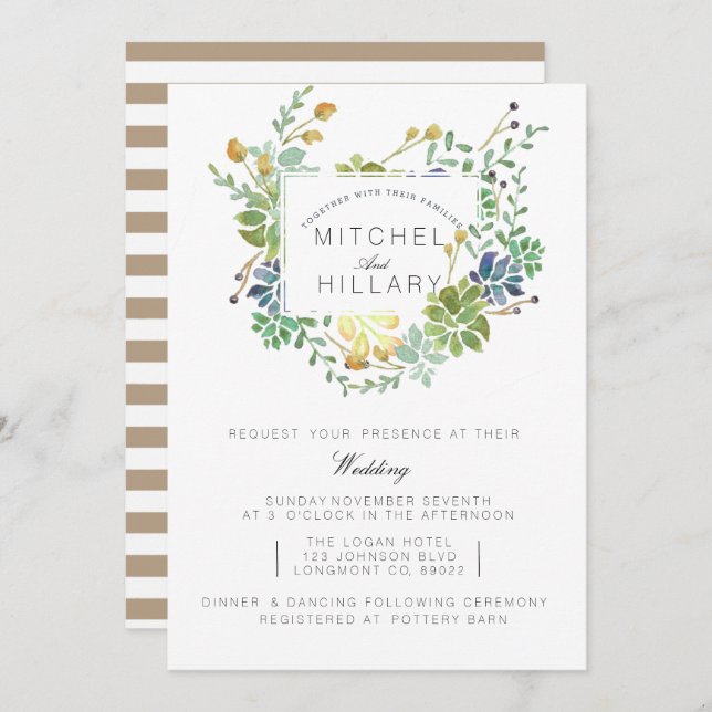 Succulent Garden | Floral Watercolor Wedding Invitation (Front/Back)