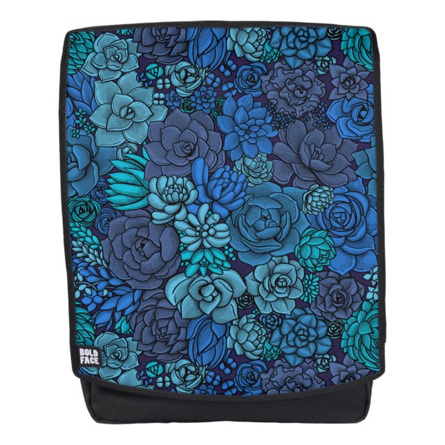 Succulent garden in blue backpack (Front)