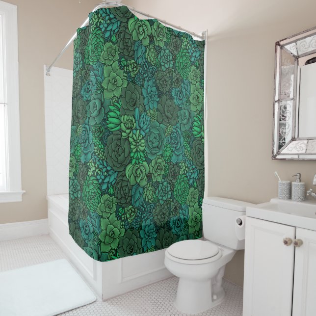 Succulent garden in green shower curtain (In Situ)