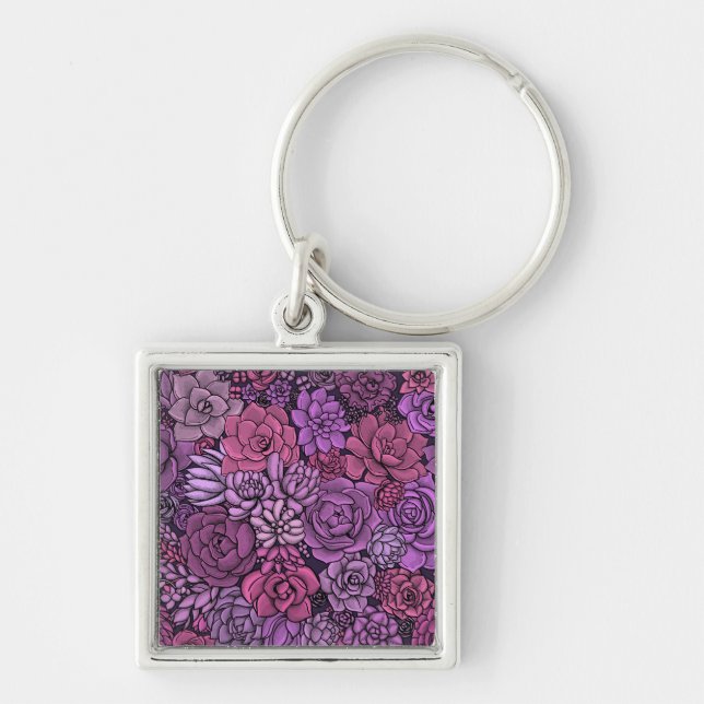 Succulent garden in pink and violet key ring (Front)