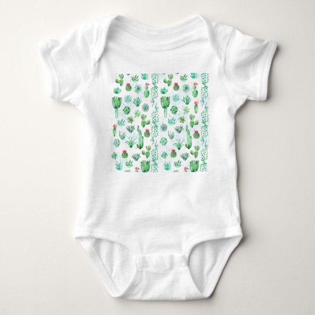 Succulent Garden: Watercolor Seamless Background. Baby Bodysuit (Front)