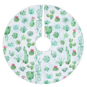 Succulent Garden: Watercolor Seamless Background. Brushed Polyester Tree Skirt